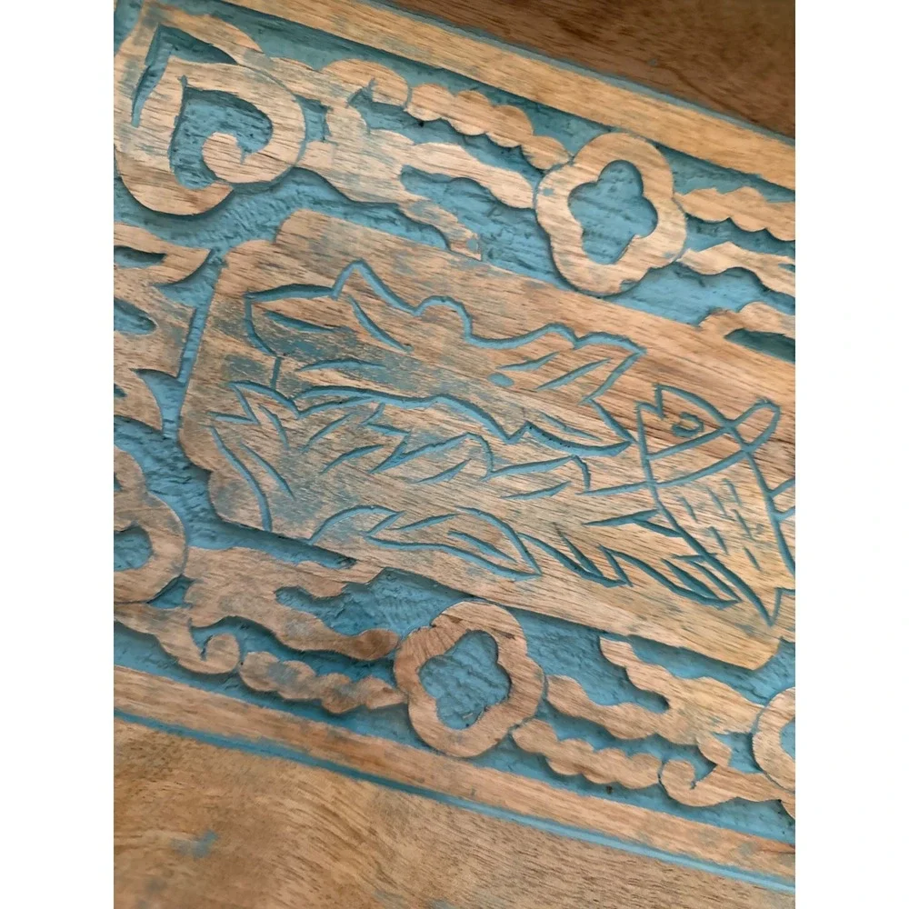Hand Carved Wooden Nesting Tray Set Distressed Teal Blue‎ Rustic Decorative 2pc